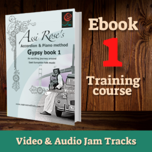 Video and audio gypsy accordion Jam Track for ebook 1 sheet music notation with super easy chords , note fingerings, virtual metronome, bass button groove for world folk and classical music from Russia , Europe Folk , with Tango, Waltz, Tarantella , Klyzmer , Arab, Ladino